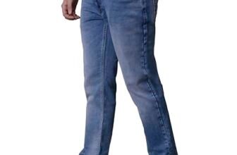 i’sol Menâ’S Stylish Straight Relaxed Fit Cotton Blend Stretchable Jeans Light Blue, Mid Rise, 32