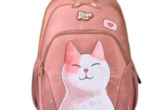 Gear Cutie Cat 17″/27L Large Water Resistant School Bag | Casual Backpack | Daypack | Travel Backpack | Kids Bag for Boys/Girls (Brown – Pink)