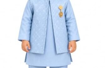 JUGNU JUNIORS Boys Kurta Pajama Set with Embroidered Waistcoat & Brooch, Sky Blue 3 Piece Traditional Ethnic Wear Set for 3-6 Months Kids, Indian Festive Outfit for Wedding, Party, Diwali & Eid