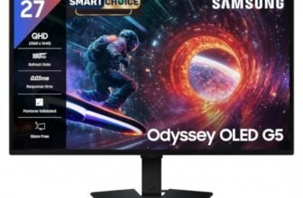 Samsung 27″ Odyssey QD-OLED G5 Gaming Monitor (Smartchoice) |QHD 2560 x 1440|180 Hz|0.03ms|Pantone-Validated|G-Sync|Free Sync|Glarefree|Ports-DP,HDMI,Headphone|1 Billion Color| LS27FG502SWXXL|Black