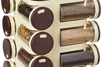 Amazon Solimo Plastic Revolving Spice Rack Set of 16 Pieces | Standard Size | Pull Out Shelf | Tabletop | Dark Brown
