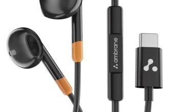 Ambrane Wired Type C in Ear Earphones with in-line Mic for Clear Calling, 1.2M Cable, 14mm Dynamic Drivers for BoostedBass, Multi-Functional Controller for Type C Enabled Mobiles (Stringz 02, Black)