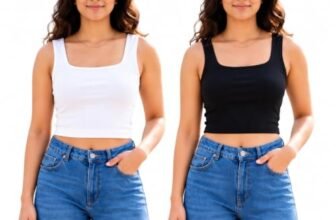 Women’s Ribbed Square Neck Crop Top Combo Pack of 2 Sleeveless Stretchable Cotton Blend Tank Tops Casual Wear Summer Basic Solid Sleeveless Tops for Women and Girls White Black. (IN, Alpha, XS, Regular)