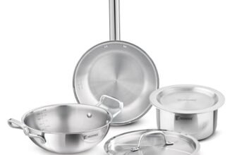 Bergner Tripro Triply Cookware Set 5 Pcs – 22cm (2.3L) Kadai with Lid, 22cm Frypan, 16cm (1.8L) Tope with Lid, Consumes Less Oil, Healthy Cooking, Even Heat Distribution, Induction and Gas Stove Ready