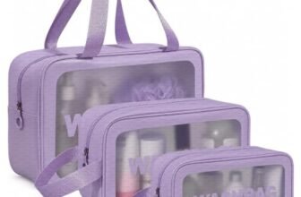 LUMONY® Makeup Pouch Bag PVC Travel Toiletries Organizer Cosmetic Bags Wash Bag Pouch for Travel Kit Toiletry Bag Portable Organizer Case Carry Pouch for Women Bathroom Set of 3 (Purple)