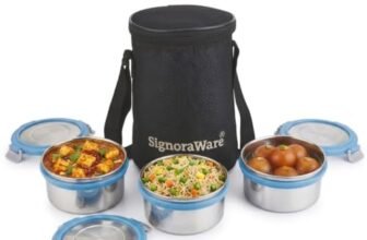Signoraware Meal Mate Steel Small Lunch Box+Bag (350mlx3, Blue)