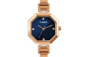 TIMEX Analog Watch for Women with Blue Octagonal Dial & Rose Gold Brass Bracelet Band Water Resistant Women’s Wrist Watches – TWEL195SMU03