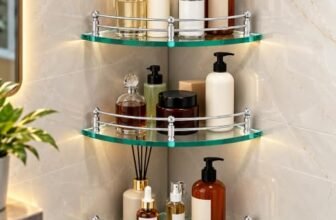 Plantex Glass Shelf for Bathroom Wall/Glass Corner Shelf for Bathroom Shelf for Wall Glass/Bathroom Corner Organizer (9×9 inch) – Pack of 3, Silver