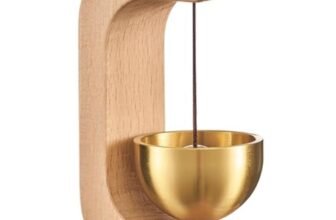 Wooden Door Bell Chime with Gold-Tone Hanging Bell, Decorative Entry Door Chime for Home, Office, Shop, Reception, Small Doorways and Traditional Interior Decor