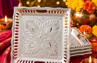 HOCRA Pooja Thali Set of 4 | 10 Inch Silver Plate for Puja | Silver Decorative Plate | Pooja Thali Decorative | Traditional Gift for Diwali, Navratri, Wedding, Housewarming, Baby Shower & Festivals