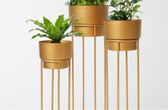 TrustBasket Metal Decorative Floor Stand – Gold Indoor Outdoor Plant Stand with Pot for Home Decor (Set of 3, Gold)