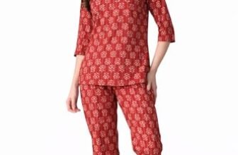 Ichaa Women’s Printed Cotton Night Wear Top and Bottom Night Suit Set (L) Red