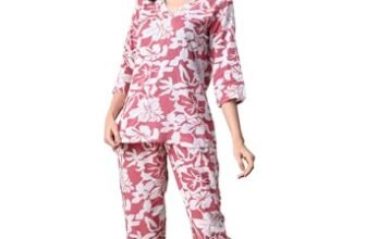 Ichaa Women’s Peach Rayon Printed V-Neck Night Suit Set with Pocket