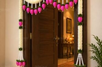 Divyakosh Artificial Flower Door Toran Set, Bandarwal with Lotus Hangings (48 Inch) | Main Door Hanging Decor for Diwali, Wedding, Pooja | Indian Festive Home Entrance Decoration White Pink |
