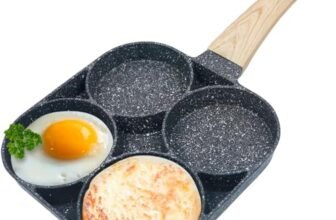 RUHIRA 4 in 1 Egg Frying pan | 4 Hole Non Stick | Egg Frying pan with Wooden Handle | 4 Cup Frying Pans | Frying Pans for Omelet,uttapam,idli,Burger,Poached,Egg,Kitchen,Breakfast | (Pack of 1)