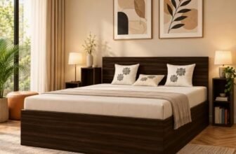 The MM Furniture store Hunter King Size Engineered Wood Bed with Box Storage & 2 Side Tables | 1-Year Warranty | Fits 72 x 78 Inch Mattress | Walnut Brown