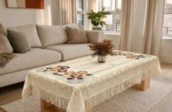 Cotton Net Embroidered Center & Dining Table Cover for 4 Seater | Rectangular 40X60 Inch | Lightweight & Washable Table Cloth | Pack of 1 (Cream)