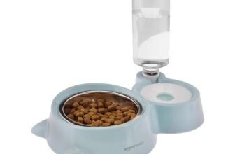 Amazon Basics 2 In1 Pet Feeder Food and Water Dispenser|Stainless Steel Bowl|Automatic Water Dispensing Mechanism|Suitable for Cats and Dogs, 32 cm, H_22 cm, W_16.5 cm, Medium