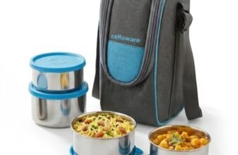 CELLO Steelox Set of 4 Pcs Lunch Box with Jacket For Office, Blue | 2 x 550ml, 375ml, 225ml Stainless Steel Containers |Food Grade Lightweight Leakproof Airtight Tiffin Box Case For Travel & Daily Use