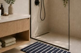 elaris Premium Microfibre Bath Mat for Bathroom, Soft & Absorbent Anti-Slip, Quick Dry, 1800 GSM, Striped Design, 40×60 cm, Navy Blue