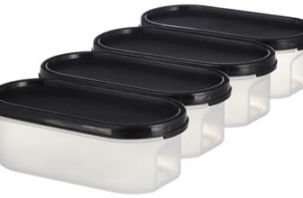 Amazon Brand – Solimo Antimicrobial Modular Plastic Storage Containers with Lid (525 ml Each) | Stackable | BPA-Free | Microwave Safe | Multipurpose Use for Snacks, Spices, & More (Set of 4) (Black)