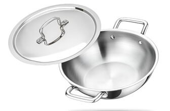 ZENSIL LUMORA Triply Stainless Steel Kadhai with Lid, 22 cm (2.0 L), Heavy Bottom Kadai, Less Oil Cooking, Even Heat Distribution, Induction & Gas Compatible, 5 Year Warranty, Stainless Steel Cookware