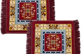 BENAVJI Velvet Traditional Floral Printed Asana Carpet Rug for Home Mandir Pooja Mat Puja Asaan Soft Floor Asana with Decorative Tassel Border Anti-Skid Multipurpose Prayer Mat Home Décor Pack of 2