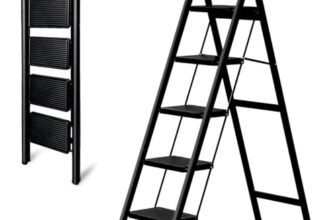 JIALTO 5 Step Metal Ladder for Home, Foldable Lightweight Stepping Stool with Wide Pedals, Anti Slip Heavy Duty 200 Kg Capacity, Portable Ladder for Kitchen, Office, Library (Matte Black)