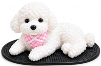 Cute Puppy Dog Dashboard Decor with Anti-Slip Mat | White reclining puppy with pink scarf for car interiors, office desks and home display; pack of 1