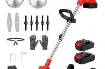 Cordless Grass Trimmer with 2 Rechargeable Batteries, Adjustable Telescopic Handle, 3 Blade Types (Plastic, Metal & Circular Saw), Lightweight Brush Cutter for Lawn, Garden, Farm & Weed Cutting