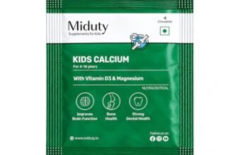 Miduty Kids Calcium – Vitamin D3, K2 & Magnesium – Chewables – Strong Bones & Teeth – Mint-Flavored, Sugar-Free Calcium Supplement for Active & Picky Eaters – 4 Chewables