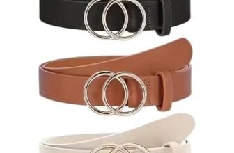 Women’s Belt with Double Ring Buckle, Faux Leather, Black Brown Beige, 3 Pack