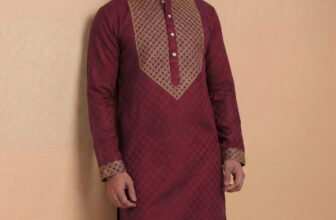 Tibra Collection Men Embroidered Straight Kurta(Maroon, Beige)