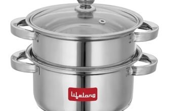 Lifelong 2-Tier Steamer/Momo/Modak Maker | Induction Compitable with Glass Lid & Riveted Handles | 20 cm Stainless Steel Multi-Purpose Cooking Steamer (LLMOM01) 2 Litre