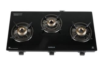 Havells GEOSLIM Gas stove |3 Heavy Duty Forged Brass Burner|6 mm Toughened Glass|Premium Valves|Removable Drip Tray|Soft Touch Knobs|5 year Warranty on Burners, Glass & Valves by Havells (Black)