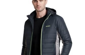 Boldfit Men’s Quilted Polyester Standard Length Jacket Monsoon Winter Wear Hooded Winter Padded Bomber Full Sleeve Jacket Black Charcoal Large