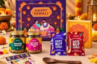Gladful Diwali Gift Box | 7 Items | A Festive Assortment of Makhana Cracker, Cocktail Nut Mix & Date Nut Square Bites | Premium Gift Hamper with Greeting Card for Family & Friends