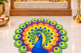 Luxehome International 3D Rangoli Mats for Floor Decoration Rubber Peacock Pattern Smooth Floor Rangoli Mat for Pooja Room & Door Entrance, 56×56 cm, Multi, Pack of 1