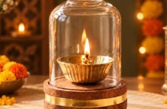 BEHOMA Akhand Brass Diya with Borosilicate Glass Cover & Wooden Base | Big Size Akhand Jyot Diya with Glass Cover For Daily Puja, Diwali Decor, Festival Puja, Deepawali/Diwali gift