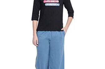 Clovia Women’s Cotton Printed T-Shirt & Basic Pyjama Set (LS0546D13_Black_L)
