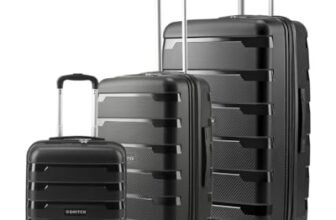 SNITCH Layer 3Pc Set Black Polypropylene Hard Travel Suitcase – Suitcase for Travel Set of 3 & Luggage with 8 Wheels, Premium Lock, Wet & Dry Pouch & Free Shoe Bag
