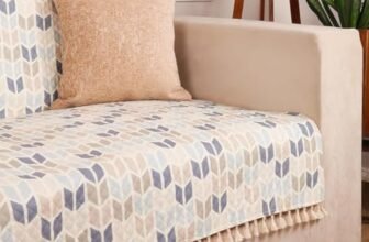 STITCHNEST Plush Printed Velvet Fully Covered Sofa Cover with Tassels – 3 Seater, Beige & Blue Chevron Padded and Printed Sofa Protector, 70 x 60 Inch, CloudFeel Series