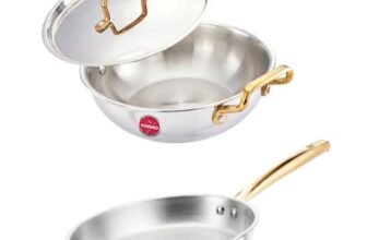 Amazon Brand – Solimo 2 PCS Premium Triply Stainless Steel Cookware Set (Kadai 22cm(1.8L) & Frypan 22cm with common lid) |Gas & Induction Compatible | Dishwasher Safe | Elegant Golden Handles | BIS Certified