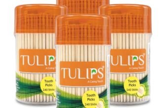 Tulips Wooden Toothpicks 240 Sticks in a Reusable Jar (Pack of 4)