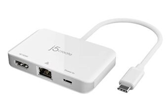 j5create USB C to HDMI and Ethernet Adapter with 100W PD, Type C to 4K HDMI 30Hz and RJ45 Gigabit LAN Converter, 3 in 1 Multiport Dongle for MacBook Air Pro, Laptop, PC, Monitor, TV, Router