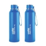 CELLO Puro Steel-X Benz 900 Insulated Water Bottle Set of 2 Pcs, 900 ml Blue | Carrying with Loop, Wide Mouth Leak Proof & Rust Resistant Inner Steel Insulated Water Bottles for School Kids & Travel