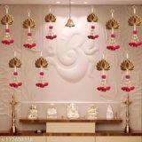 Divyakosh Wood Handmade Wall Decor Lotus with Pom-Pom Style (Set of 8 Pcs), Hanging for Home Decor,Diwali Decor, Wedding and All Festival Decor | Lotus Hangings for Home Decoration |, Multicolor