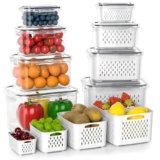 hago Fridge Storage Containers with Drain Basket (4-Piece Set) | BPA-Free Refrigerator Organizer Boxes for Vegetables & Fruits | Stackable Kitchen Storage Containers (600ml, 1400ml, 2600ml, 4500ml)