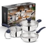 Bergner Essential Plus Stainless Steel 5 Pcs Cookware Set – 22cm/2.5L Kadai with Lid, 22cm Frypan, 16cm/1.5L Saucepan with Lid, Sturdy Bakelite Handles, Even Heating, Thick Triply Bottom