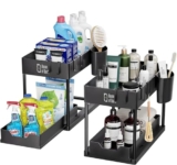 House of Quirk Under Sliding Cabinet Rectangular Basket Organizer, 2 Tier Storage Under Cabinet Bathroom Under Sink Organizers and Under Sink Storage for Bathroom Kitchen (Pack of 2, Black)